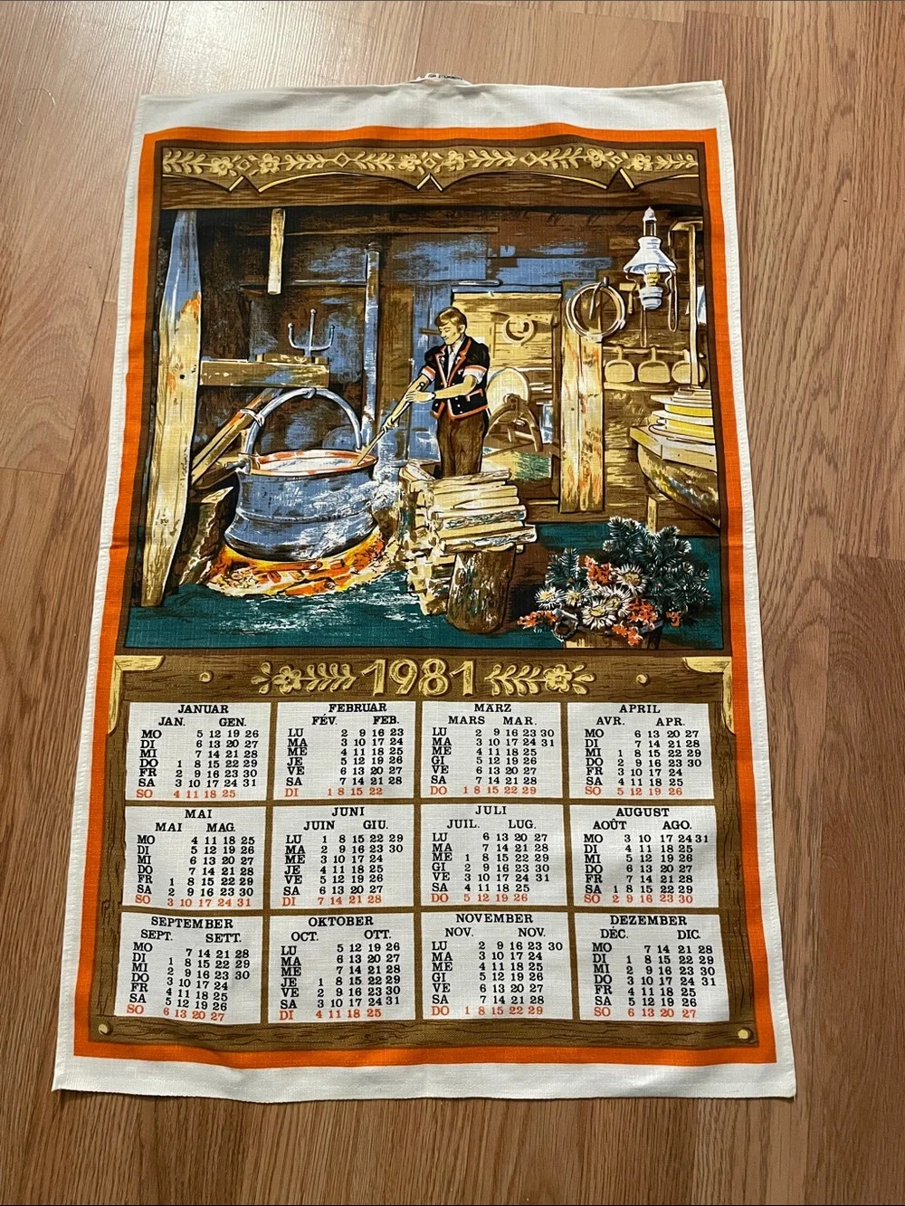 Set of 2 Vintage 1981 Calendar Tea Towels Cotton Viscose European Kitchen Towels